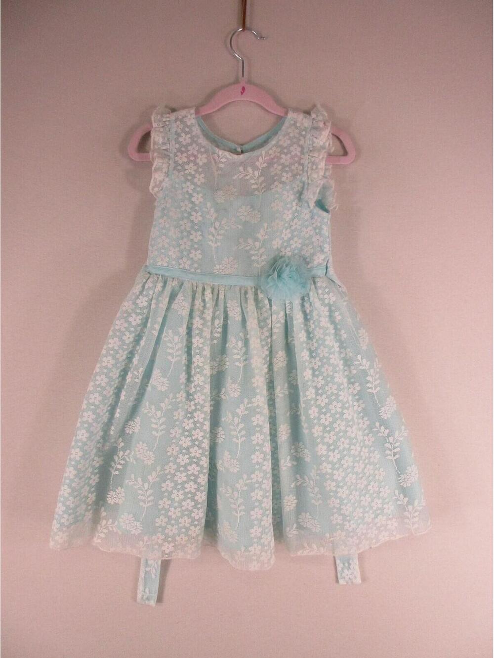 Jona Michelle Dress Girls 4 Aqua Blue Floral Lace Party Tulle Skirt Ribbon Sash